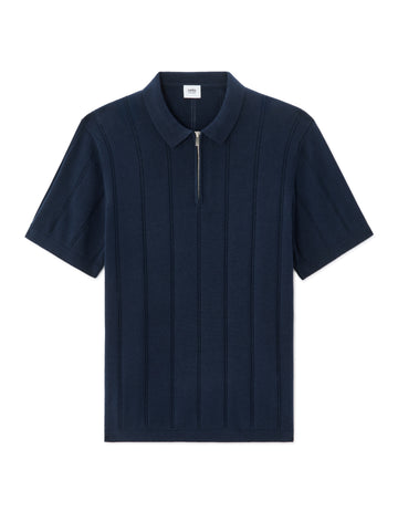 Celio Striped Zip-Neck Polo - Navy