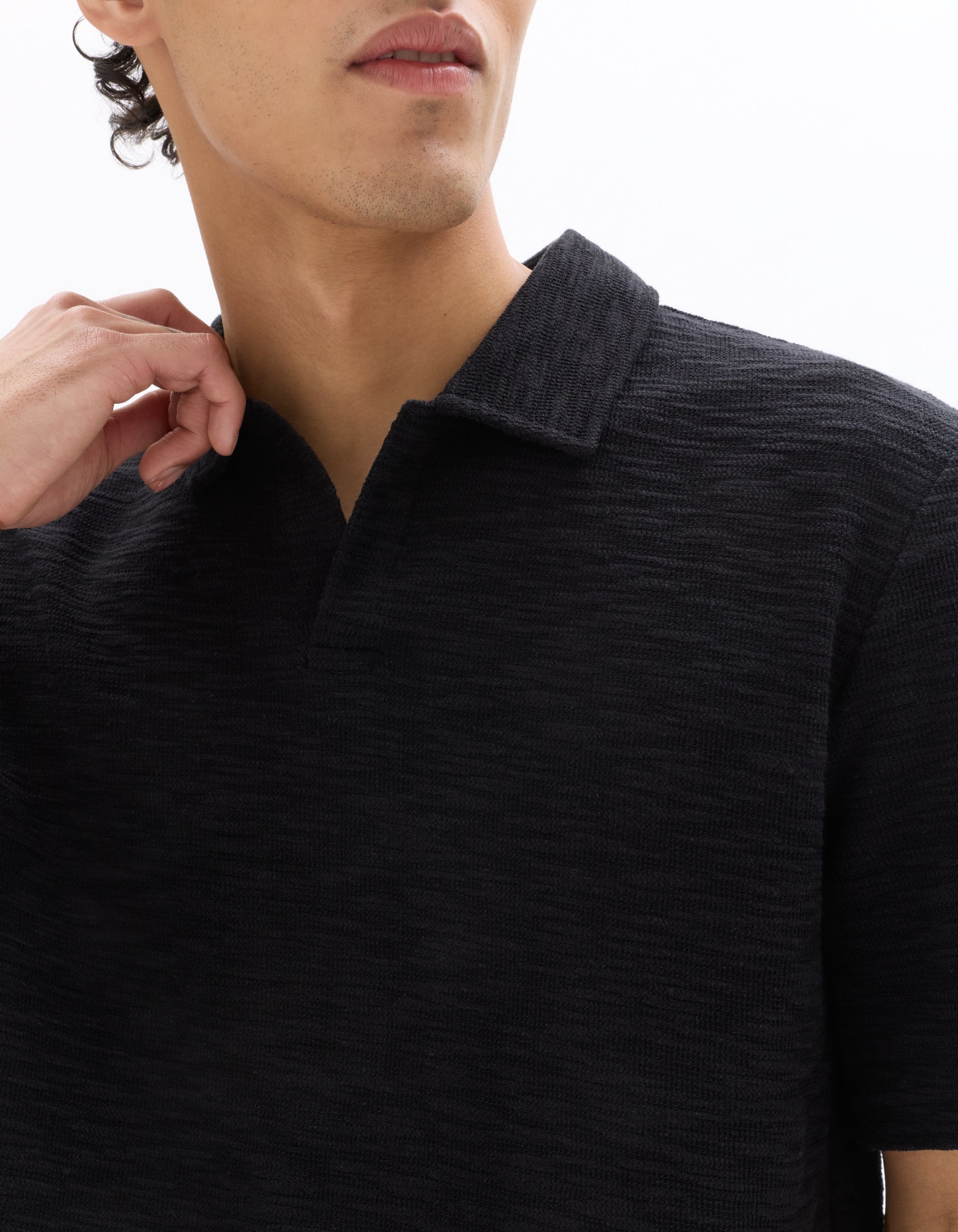 Celio Regular Fit Cuban Collar Terry Polo - Black