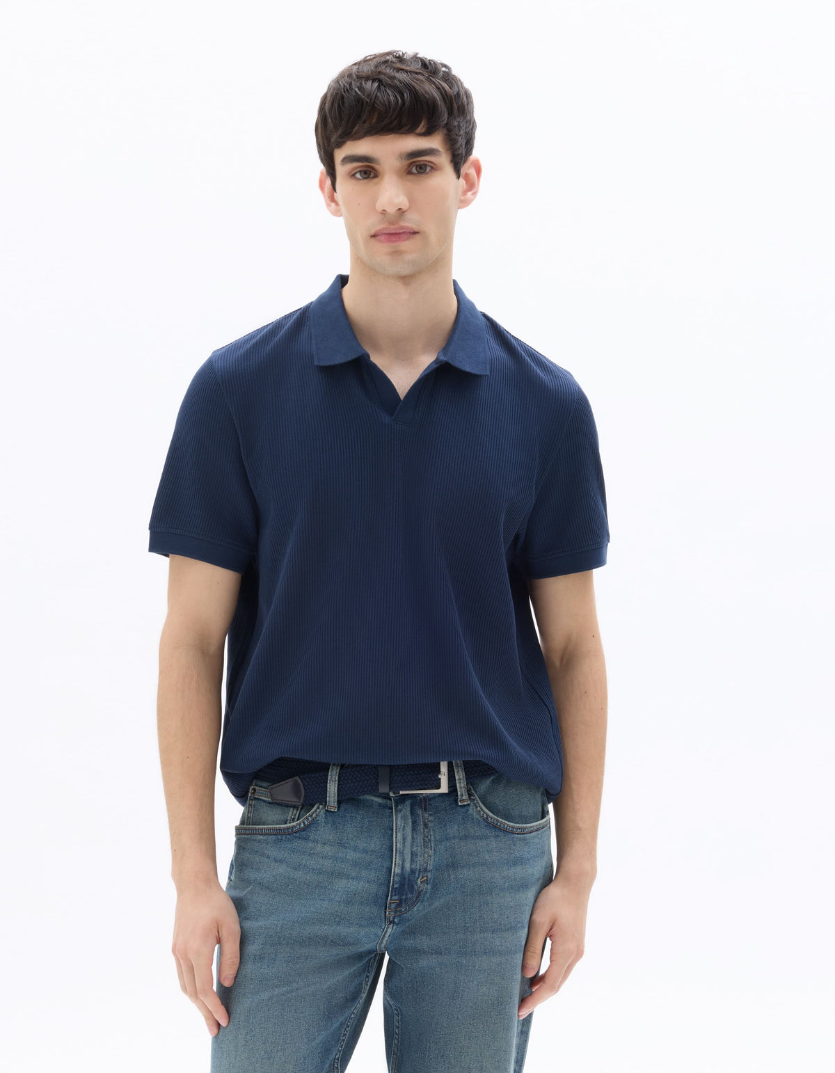 Celio Regular Fit Ribbed Knit 100% Cotton Polo - Navy