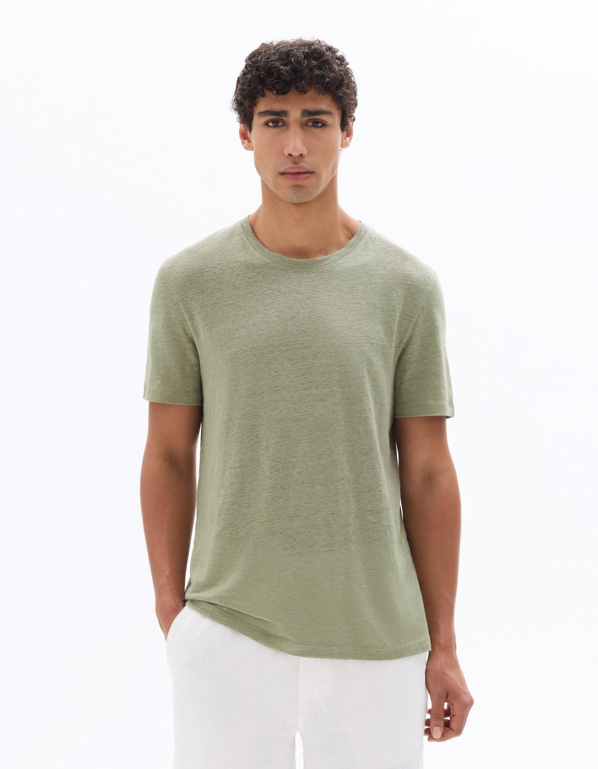 Celio Regular Fit Crew Neck 100% Linen T-shirt - Green