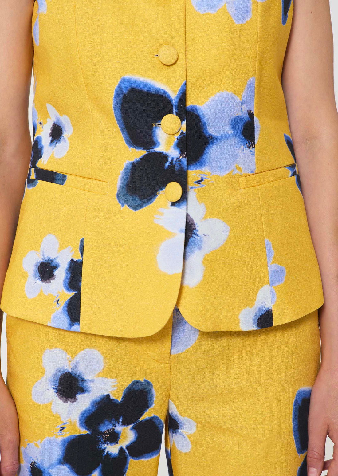 vest in yellow floral printed linen and cotton