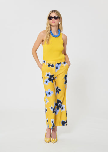 trousers in yellow floral printed linen and cotton