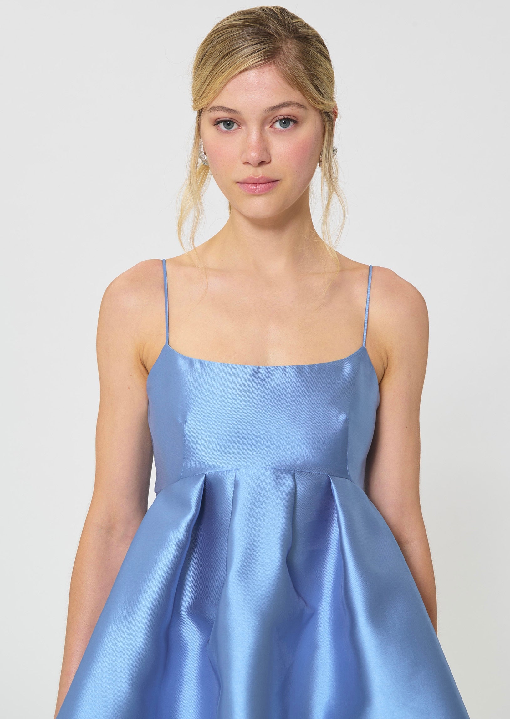 dress in sky blue duchess satin