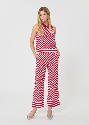 trousers in yellow checkered pattern linen
