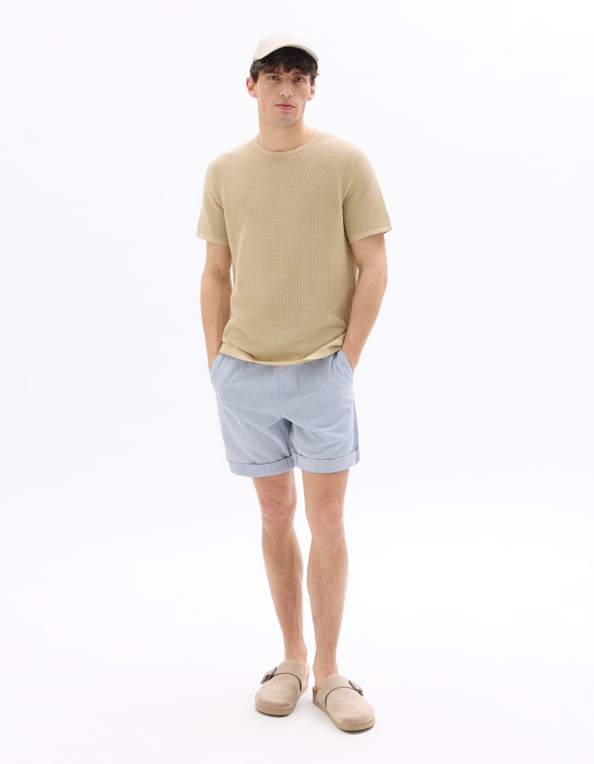 Celio Regular Fit Crew Neck 100% Cotton Pointelle Knit T-shirt - Beige