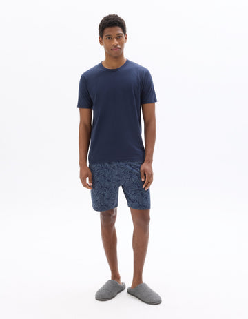 Blue Foliage Print T-shirt and Shorts Pajama Set Celio